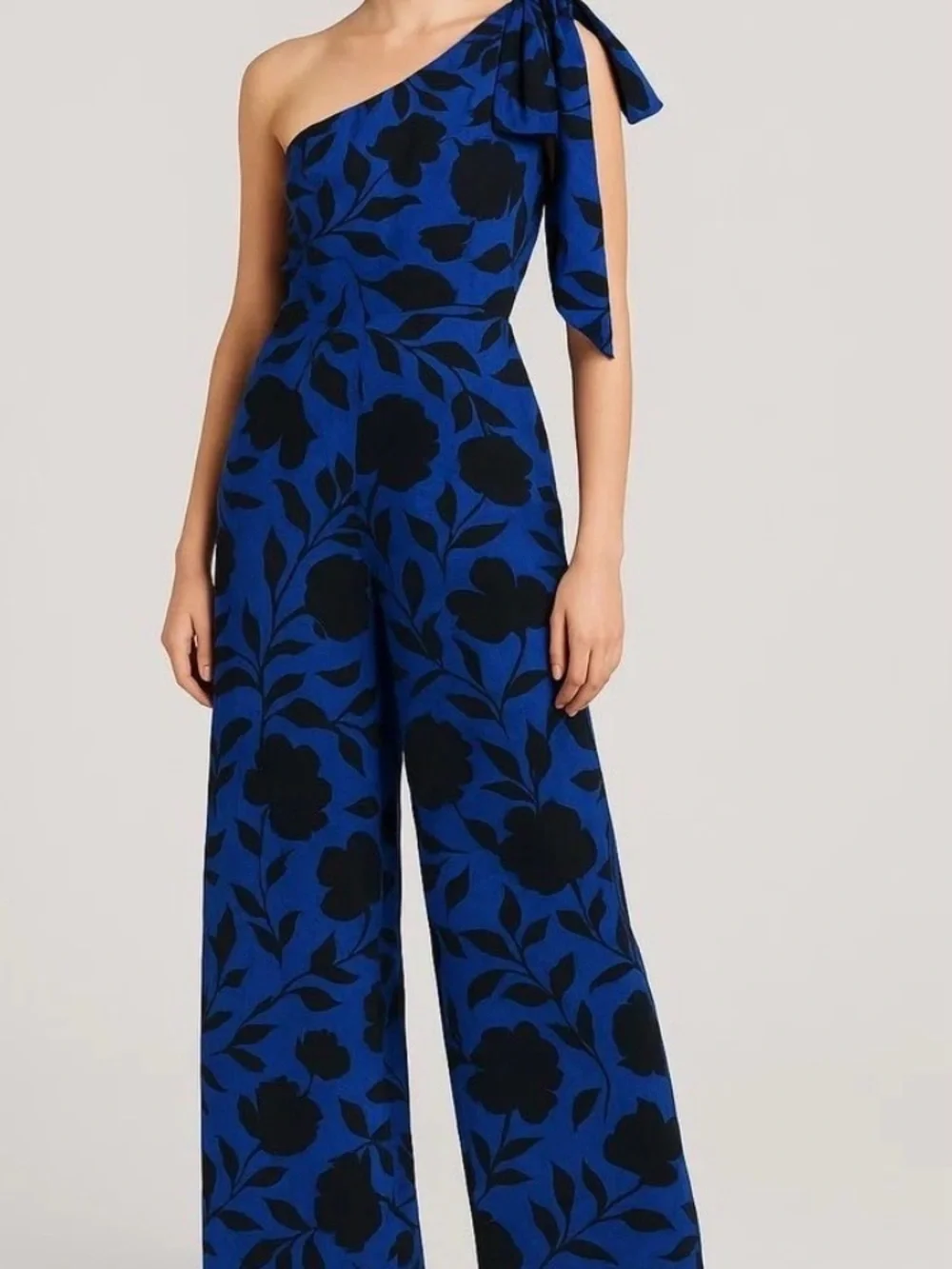 Kate Spade Navy Blue Black Floral One Shoulder Bow Jumpsuit Size 00 Linen Blen